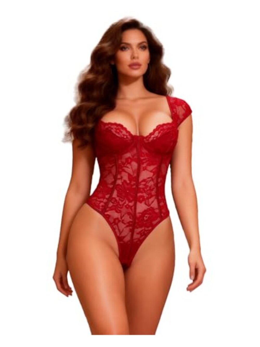 Lace Bodysuit Underwire Lined Cups Flutter Sleeve Snap Crotch Going Out Top